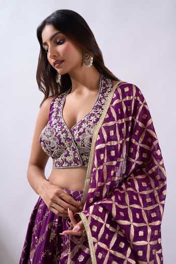 Buy Azeera Purple Brocade Halter Neck Woven Lehenga Set Online at Aza Fashions Buy_Azeera_Purple Brocade Halter Neck Woven Lehenga Set _Online_at_Aza_Fashions