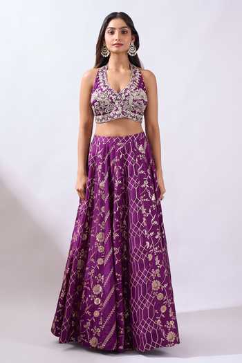 Shop Azeera Purple Brocade Halter Neck Woven Lehenga Set Online at Aza Fashions Shop_Azeera_Purple Brocade Halter Neck Woven Lehenga Set _Online_at_Aza_Fashions