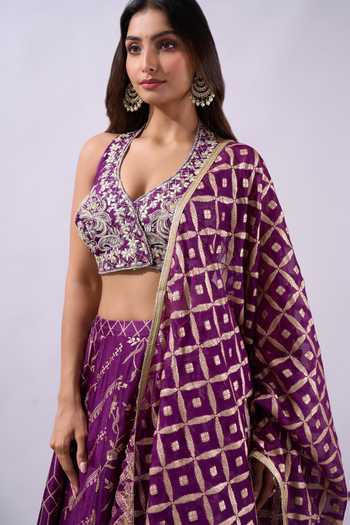 Azeera Purple Brocade Halter Neck Woven Lehenga Set at Aza Fashions Azeera_Purple Brocade Halter Neck Woven Lehenga Set _at_Aza_Fashions