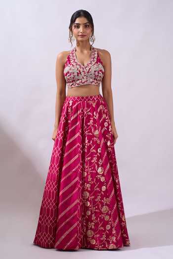 Azeera Fuchsia Brocade Halter Neck Woven Hand Embroidered Lehenga Set Online at Aza Fashions Azeera_Fuchsia Brocade Halter Neck Woven Hand Embroidered Lehenga Set _Online_at_Aza_Fashions