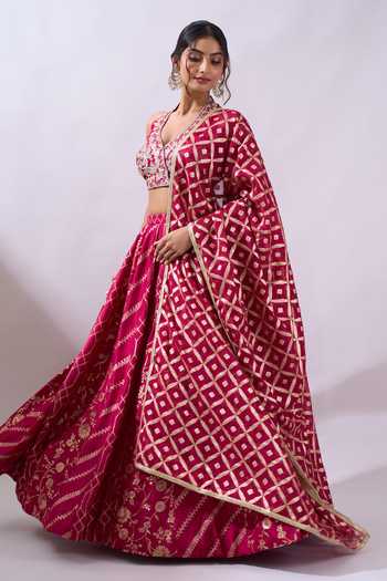 Shop Azeera Fuchsia Brocade Halter Neck Woven Hand Embroidered Lehenga Set Online at Aza Fashions Shop_Azeera_Fuchsia Brocade Halter Neck Woven Hand Embroidered Lehenga Set _Online_at_Aza_Fashions