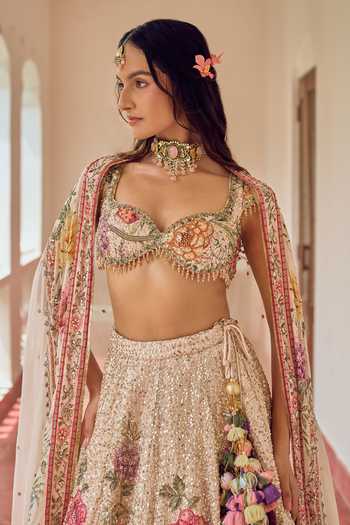 Buy Irrau By Samir Mantri Multi Color Organza Sweetheart Neck Misri Sequin Floral Embroidered Lehenga Set Online at Aza Fashions Buy_Irrau By Samir Mantri_Multi Color Organza Sweetheart Neck Misri Sequin Floral Embroidered Lehenga Set _Online_at_Aza_Fashions