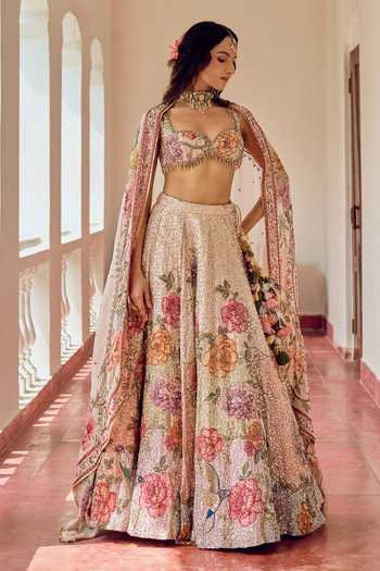 Shop Irrau By Samir Mantri Multi Color Organza Sweetheart Neck Misri Sequin Floral Embroidered Lehenga Set Online at Aza Fashions Shop_Irrau By Samir Mantri_Multi Color Organza Sweetheart Neck Misri Sequin Floral Embroidered Lehenga Set _Online_at_Aza_Fashions