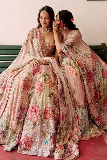 Irrau By Samir Mantri Multi Color Organza Sweetheart Neck Misri Sequin Floral Embroidered Lehenga Set at Aza Fashions Irrau By Samir Mantri_Multi Color Organza Sweetheart Neck Misri Sequin Floral Embroidered Lehenga Set _at_Aza_Fashions