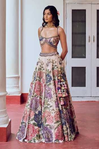 Irrau By Samir Mantri_White Organza Deep Neck Rangili Blooming Hand Embroidered Lehenga Set _Online_at_Aza_Fashions