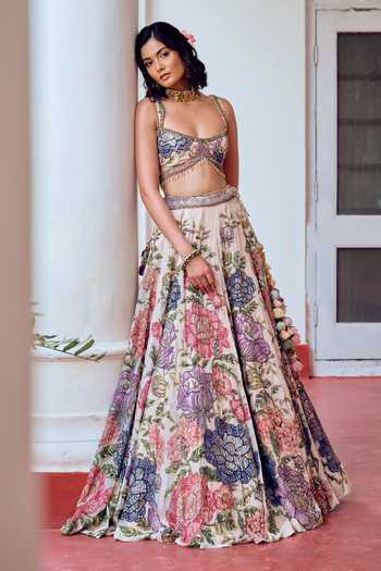 Buy_Irrau By Samir Mantri_White Organza Deep Neck Rangili Blooming Hand Embroidered Lehenga Set _Online_at_Aza_Fashions