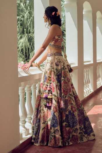 Shop_Irrau By Samir Mantri_White Organza Deep Neck Rangili Blooming Hand Embroidered Lehenga Set _Online_at_Aza_Fashions