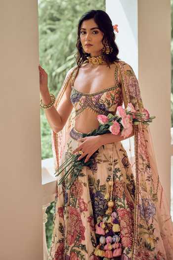 Irrau By Samir Mantri_White Organza Deep Neck Rangili Blooming Hand Embroidered Lehenga Set _at_Aza_Fashions