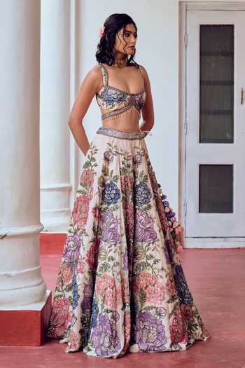Buy_Irrau By Samir Mantri_White Organza Deep Neck Rangili Blooming Hand Embroidered Lehenga Set 