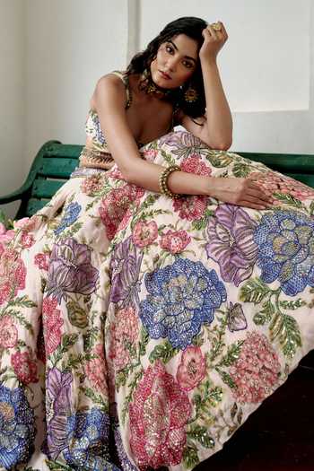 Shop_Irrau By Samir Mantri_White Organza Deep Neck Rangili Blooming Hand Embroidered Lehenga Set 