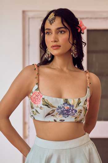 Irrau By Samir Mantri_Blue Dupion, Organza Square Neck Chikki Floral Print Lehenga Set _Online_at_Aza_Fashions