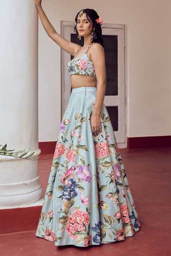 Buy_Irrau By Samir Mantri_Blue Dupion, Organza Square Neck Chikki Floral Print Lehenga Set _Online_at_Aza_Fashions