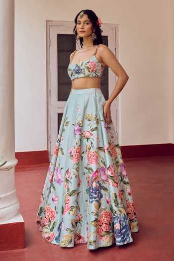Shop_Irrau By Samir Mantri_Blue Dupion, Organza Square Neck Chikki Floral Print Lehenga Set _Online_at_Aza_Fashions