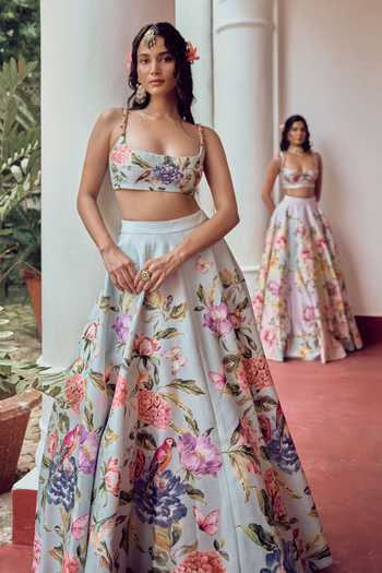 Irrau By Samir Mantri_Blue Dupion, Organza Square Neck Chikki Floral Print Lehenga Set _at_Aza_Fashions