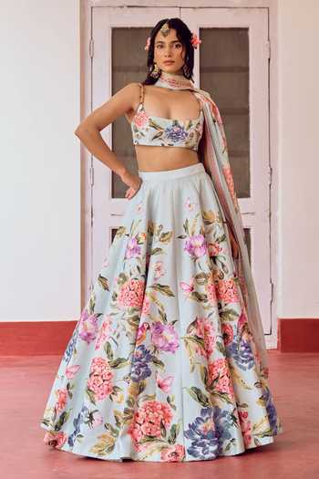 Buy_Irrau By Samir Mantri_Blue Dupion, Organza Square Neck Chikki Floral Print Lehenga Set 