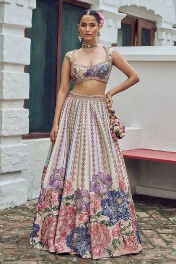 Buy Irrau By Samir Mantri Multi Color Organza Sweetheart Neck Chutki Floral Print Lehenga Set Online at Aza Fashions Buy_Irrau By Samir Mantri_Multi Color Organza Sweetheart Neck Chutki Floral Print Lehenga Set _Online_at_Aza_Fashions