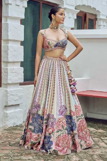 Shop Irrau By Samir Mantri Multi Color Organza Sweetheart Neck Chutki Floral Print Lehenga Set Online at Aza Fashions Shop_Irrau By Samir Mantri_Multi Color Organza Sweetheart Neck Chutki Floral Print Lehenga Set _Online_at_Aza_Fashions