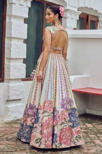 Irrau By Samir Mantri Multi Color Organza Sweetheart Neck Chutki Floral Print Lehenga Set at Aza Fashions Irrau By Samir Mantri_Multi Color Organza Sweetheart Neck Chutki Floral Print Lehenga Set _at_Aza_Fashions