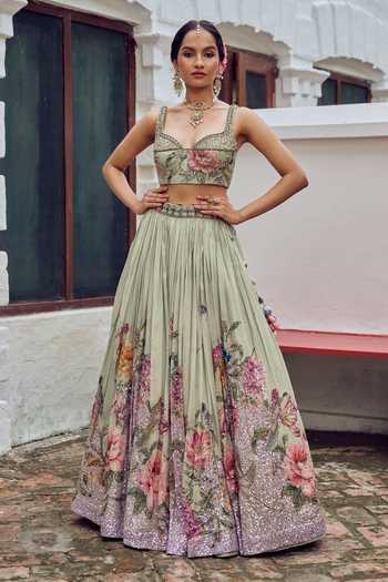 Buy_Irrau By Samir Mantri_Green Organza Sweetheart Neck Pihu Floral Print Flared Lehenga Set _Online_at_Aza_Fashions