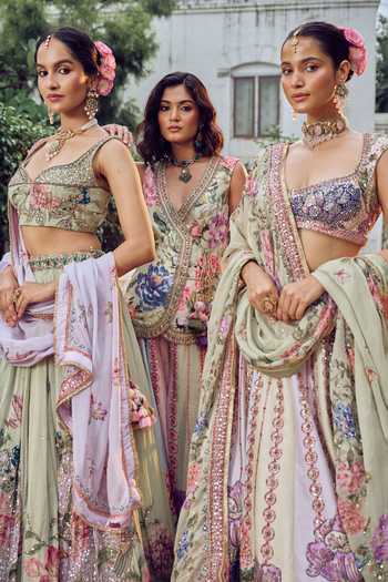 Shop_Irrau By Samir Mantri_Green Organza Sweetheart Neck Pihu Floral Print Flared Lehenga Set _Online_at_Aza_Fashions