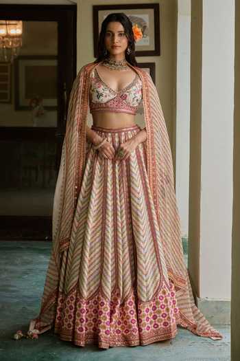 Shop Irrau By Samir Mantri Multi Color Dupion, Organza Kiki Printed And Hand Embroidered Lehenga Set Online at Aza Fashions Shop_Irrau By Samir Mantri_Multi Color Dupion, Organza Kiki Printed And Hand Embroidered Lehenga Set _Online_at_Aza_Fashions
