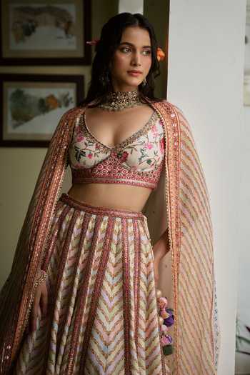 Irrau By Samir Mantri Multi Color Dupion, Organza Kiki Printed And Hand Embroidered Lehenga Set at Aza Fashions Irrau By Samir Mantri_Multi Color Dupion, Organza Kiki Printed And Hand Embroidered Lehenga Set _at_Aza_Fashions