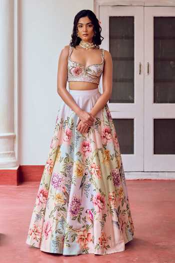Irrau By Samir Mantri Multi Color Organza Sweetheart Neck Mishti Floral Print Lehenga Set Online at Aza Fashions Irrau By Samir Mantri_Multi Color Organza Sweetheart Neck Mishti Floral Print Lehenga Set _Online_at_Aza_Fashions