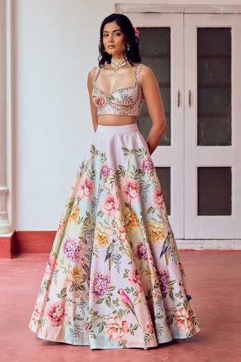 Buy Irrau By Samir Mantri Multi Color Organza Sweetheart Neck Mishti Floral Print Lehenga Set Online at Aza Fashions Buy_Irrau By Samir Mantri_Multi Color Organza Sweetheart Neck Mishti Floral Print Lehenga Set _Online_at_Aza_Fashions