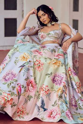 Buy Irrau By Samir Mantri Multi Color Organza Sweetheart Neck Mishti Floral Print Lehenga Set Buy_Irrau By Samir Mantri_Multi Color Organza Sweetheart Neck Mishti Floral Print Lehenga Set