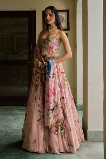 Irrau By Samir Mantri_Pink Organza Beads Square Neck Nikki Embroidered Corset Lehenga Set _Online_at_Aza_Fashions