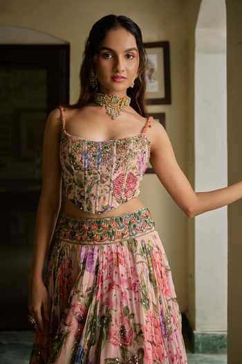 Buy_Irrau By Samir Mantri_Pink Organza Beads Square Neck Nikki Embroidered Corset Lehenga Set _Online_at_Aza_Fashions