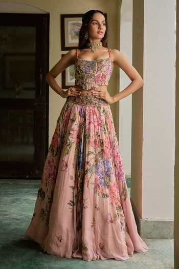 Irrau By Samir Mantri_Pink Organza Beads Square Neck Nikki Embroidered Corset Lehenga Set _at_Aza_Fashions