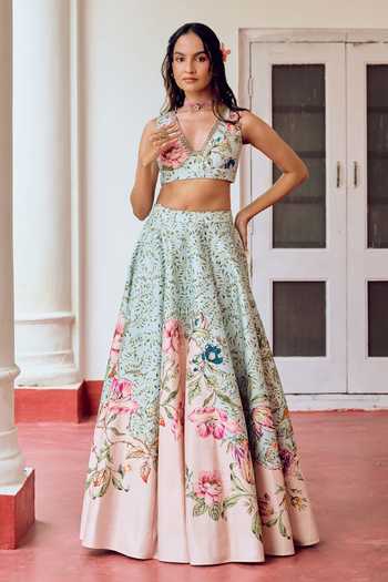 Irrau By Samir Mantri_Blue Organza V-neck Bulbul Floral Print Lehenga Set _Online_at_Aza_Fashions