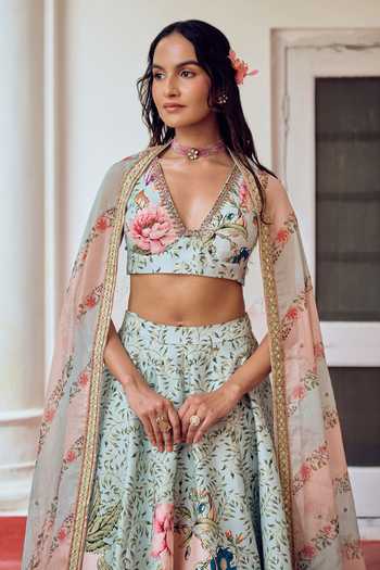 Buy_Irrau By Samir Mantri_Blue Organza V-neck Bulbul Floral Print Lehenga Set _Online_at_Aza_Fashions