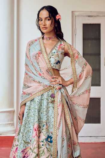 Shop_Irrau By Samir Mantri_Blue Organza V-neck Bulbul Floral Print Lehenga Set _Online_at_Aza_Fashions