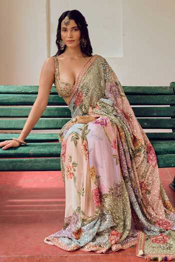 Irrau By Samir Mantri_Multi Color Organza Sweetheart Neck Jhilmil Sequinned Saree With Blouse _Online_at_Aza_Fashions