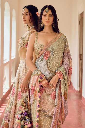 Shop_Irrau By Samir Mantri_Multi Color Organza Sweetheart Neck Jhilmil Sequinned Saree With Blouse _Online_at_Aza_Fashions