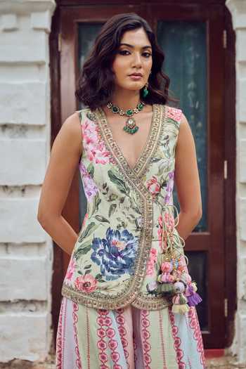 Irrau By Samir Mantri Multi Color Dupion V-neck Albeli Printed Jacket And Sharara Set Online at Aza Fashions Irrau By Samir Mantri_Multi Color Dupion V-neck Albeli Printed Jacket And Sharara Set _Online_at_Aza_Fashions