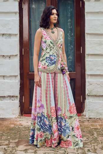 Buy Irrau By Samir Mantri Multi Color Dupion V-neck Albeli Printed Jacket And Sharara Set Online at Aza Fashions Buy_Irrau By Samir Mantri_Multi Color Dupion V-neck Albeli Printed Jacket And Sharara Set _Online_at_Aza_Fashions