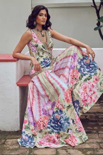 Shop Irrau By Samir Mantri Multi Color Dupion V-neck Albeli Printed Jacket And Sharara Set Online at Aza Fashions Shop_Irrau By Samir Mantri_Multi Color Dupion V-neck Albeli Printed Jacket And Sharara Set _Online_at_Aza_Fashions