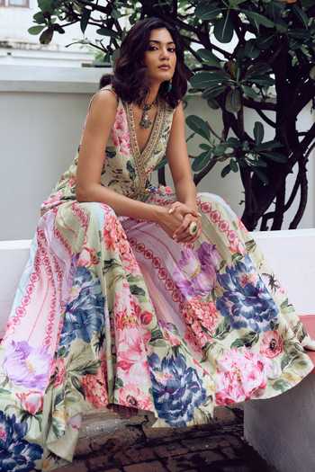 Irrau By Samir Mantri Multi Color Dupion V-neck Albeli Printed Jacket And Sharara Set at Aza Fashions Irrau By Samir Mantri_Multi Color Dupion V-neck Albeli Printed Jacket And Sharara Set _at_Aza_Fashions