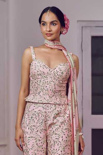 Irrau By Samir Mantri Pink Dupion, Chiffon Sweetheart Neck Imli Printed Corset Trouser Set Online at Aza Fashions Irrau By Samir Mantri_Pink Dupion, Chiffon Sweetheart Neck Imli Printed Corset Trouser Set _Online_at_Aza_Fashions