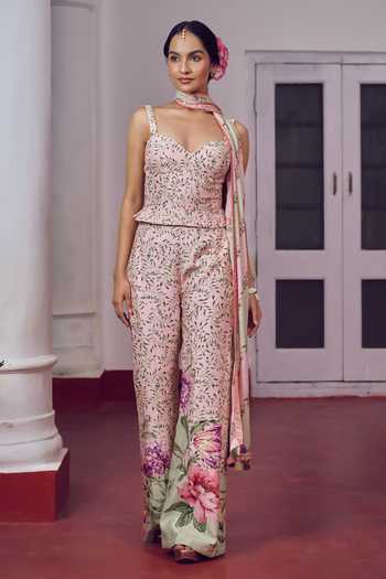 Buy Irrau By Samir Mantri Pink Dupion, Chiffon Sweetheart Neck Imli Printed Corset Trouser Set Online at Aza Fashions Buy_Irrau By Samir Mantri_Pink Dupion, Chiffon Sweetheart Neck Imli Printed Corset Trouser Set _Online_at_Aza_Fashions