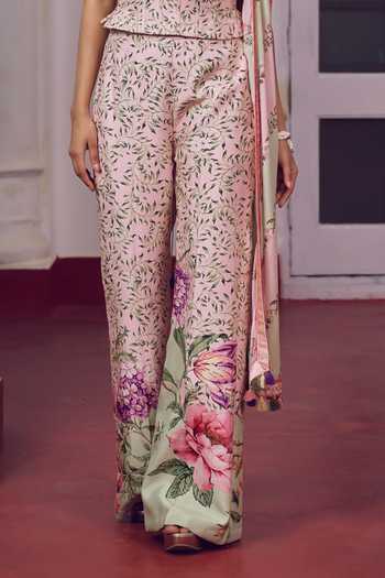 Shop Irrau By Samir Mantri Pink Dupion, Chiffon Sweetheart Neck Imli Printed Corset Trouser Set Online at Aza Fashions Shop_Irrau By Samir Mantri_Pink Dupion, Chiffon Sweetheart Neck Imli Printed Corset Trouser Set _Online_at_Aza_Fashions