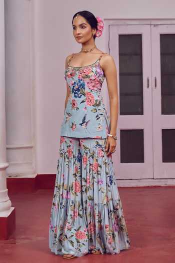 Irrau By Samir Mantri Blue Crepe, Organza Scoop Neck Koki Floral Print Kurta Tiered Gharara Set Online at Aza Fashions Irrau By Samir Mantri_Blue Crepe, Organza Scoop Neck Koki Floral Print Kurta Tiered Gharara Set _Online_at_Aza_Fashions