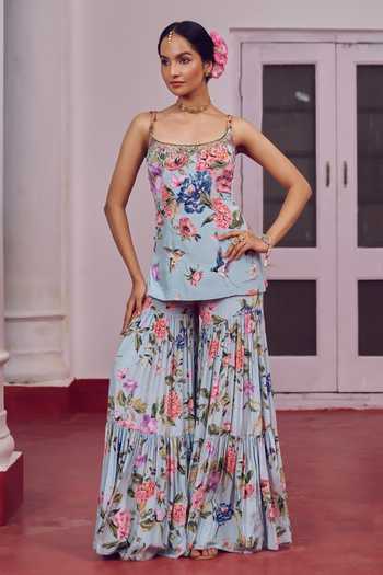 Buy Irrau By Samir Mantri Blue Crepe, Organza Scoop Neck Koki Floral Print Kurta Tiered Gharara Set Online at Aza Fashions Buy_Irrau By Samir Mantri_Blue Crepe, Organza Scoop Neck Koki Floral Print Kurta Tiered Gharara Set _Online_at_Aza_Fashions
