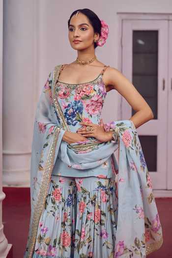 Shop Irrau By Samir Mantri Blue Crepe, Organza Scoop Neck Koki Floral Print Kurta Tiered Gharara Set Online at Aza Fashions Shop_Irrau By Samir Mantri_Blue Crepe, Organza Scoop Neck Koki Floral Print Kurta Tiered Gharara Set _Online_at_Aza_Fashions