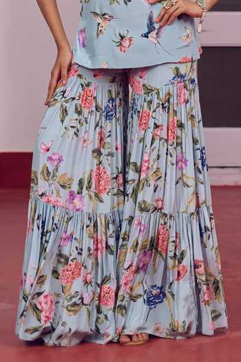 Irrau By Samir Mantri Blue Crepe, Organza Scoop Neck Koki Floral Print Kurta Tiered Gharara Set at Aza Fashions Irrau By Samir Mantri_Blue Crepe, Organza Scoop Neck Koki Floral Print Kurta Tiered Gharara Set _at_Aza_Fashions