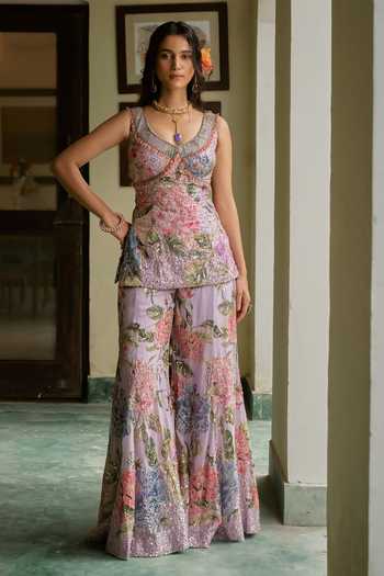 Irrau By Samir Mantri Purple Organza Scoop Neck Gungun Printed Kurta Sharara Set Online at Aza Fashions Irrau By Samir Mantri_Purple Organza Scoop Neck Gungun Printed Kurta Sharara Set _Online_at_Aza_Fashions
