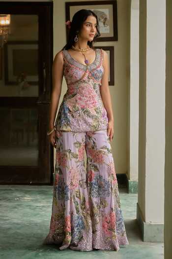 Buy Irrau By Samir Mantri Purple Organza Scoop Neck Gungun Printed Kurta Sharara Set Online at Aza Fashions Buy_Irrau By Samir Mantri_Purple Organza Scoop Neck Gungun Printed Kurta Sharara Set _Online_at_Aza_Fashions
